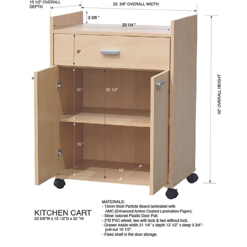 Armintha 24" Kitchen Cabinet Rolling Cart on Wheels, Microwave Shelf Stand with One Drawer, Two Doors for Kitchen, Dining Room