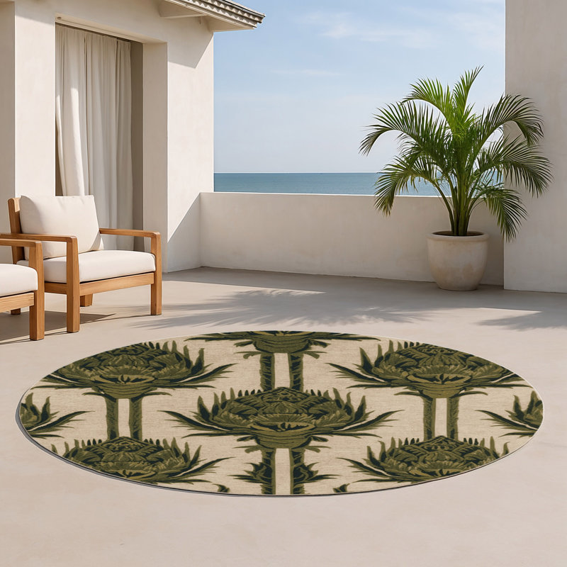 Tapis beige d'intérieur et d'extérieur Botanical, Rond 5 pi