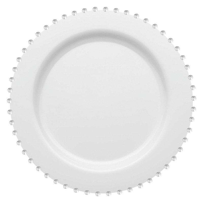 Assiettes plates rondes jetables en plastique blanc avec cordon de perles argentées (25 cm) - 120 assiettes