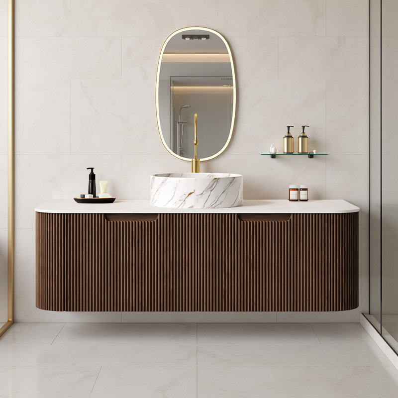 Meuble-lavabo flottant 48 po - Comptoir en pierre blanche et comptoir en pierre (pré-assemblé, noyer foncé, sans robinet)