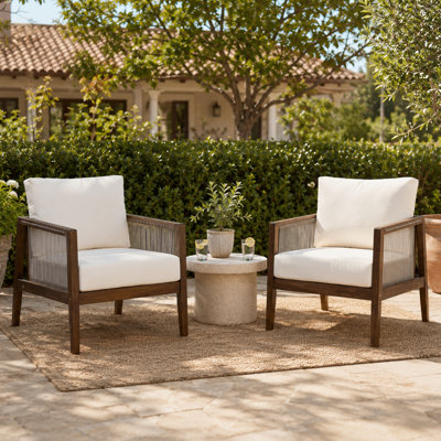 Ensemble moderne de 2 fauteuils club d'extérieur de style côtier avec cadres en bois d'acacia, panneaux en corde tressée et coussins hydrofuges pour patio, jardin, terrasse et porche