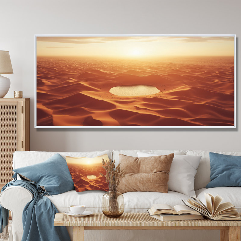 Vue du désert du Sahara sur la planète Mars - désert, art mural, H 28 po x l 60 po, Cadre flottant, Blanc