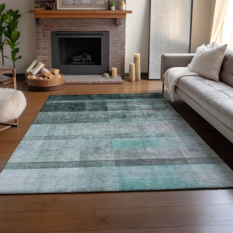 Premium Machine Washable Cerrito AMF568 Teal Rug, Rectangle 9' x 12'