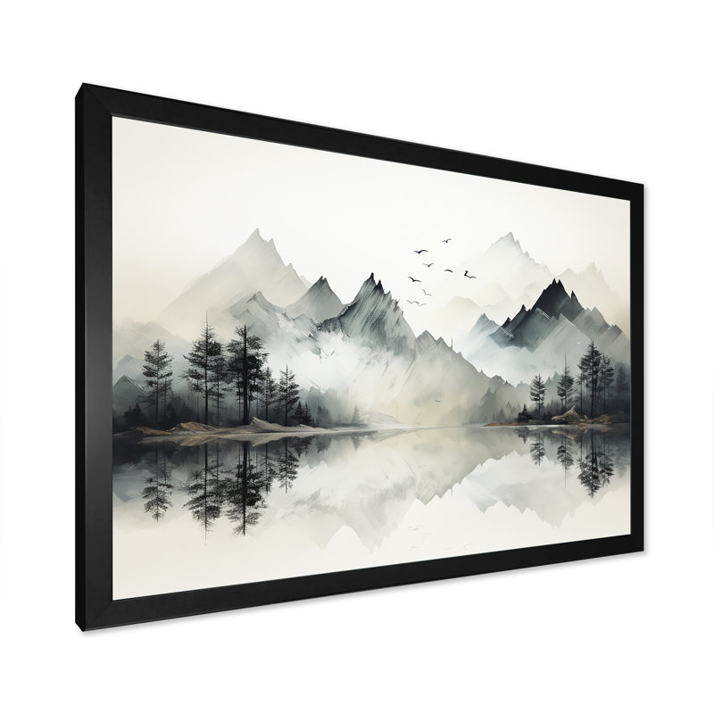 Aquarelle, rêve de lac et de forêt I, Cadre simple noir, H 12 po x l 20 po x P 1 po