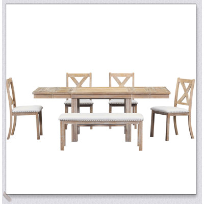 Farmhouse Extendable Dining Set with 6-Piece Table,  Bench, Ideal for Family Gatherings and Daily Use