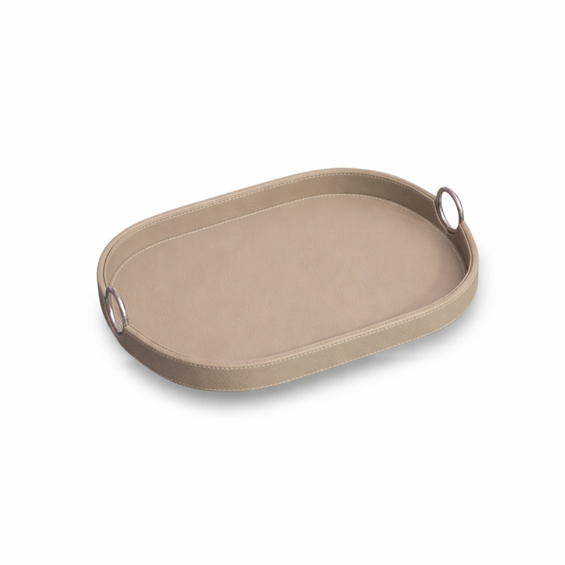 Saddle Leather Oval Tray In Stainless Steel