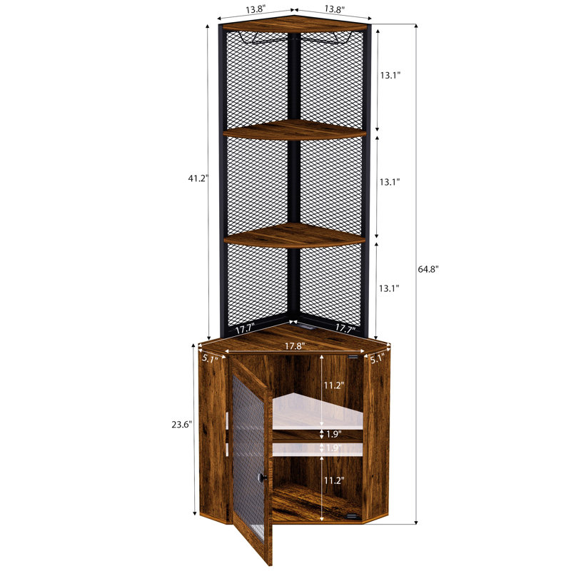 Armoire de coin de 65 po avec tablettes et porte-verres à vin, étagère autoportante à 6 niveaux, commode pour chambre à coucher, armoire de rangement brun rustique de bureau, rangement pratique