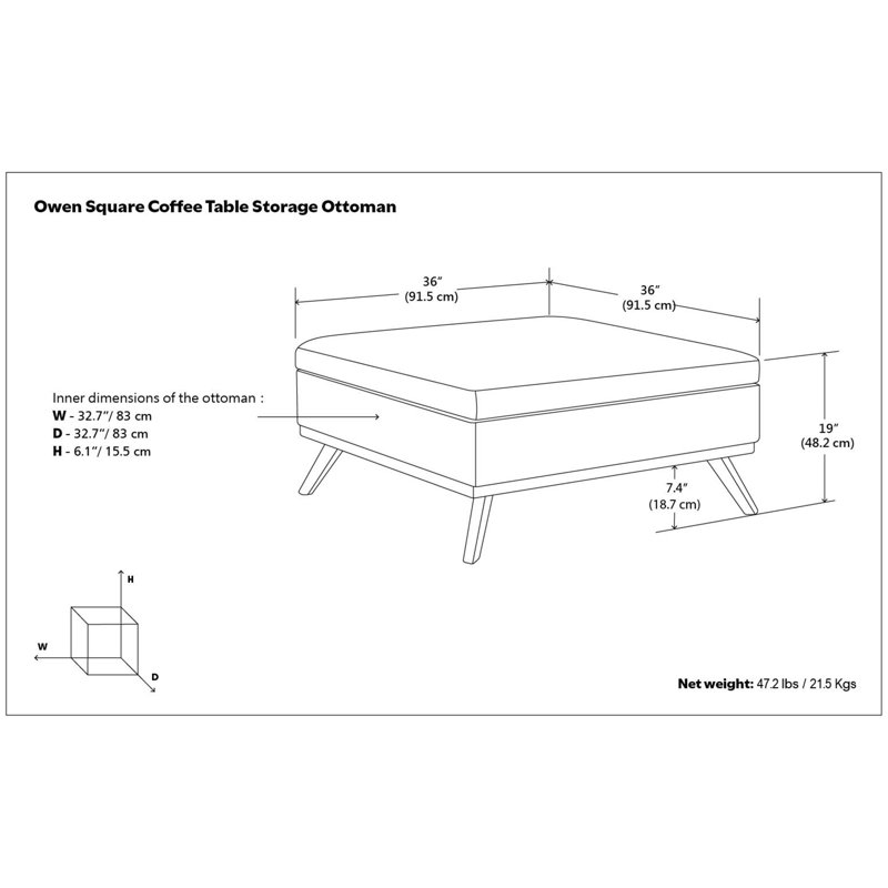 Owen 36"W Upholstered Square Coffee Table Storage Ottoman with Lift Top and Solid Wood Legs