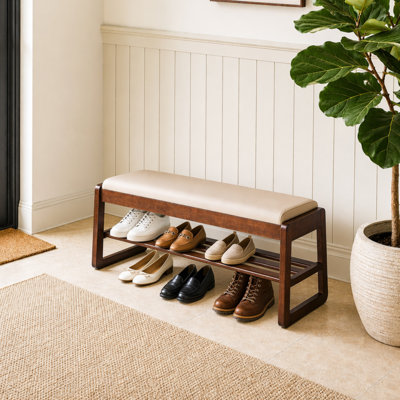 Banc rembourré en cuir végétalien de qualité supérieure, banc de rangement avec rangement dissimulé et tablettes à chaussures ouvertes à plusieurs niveaux