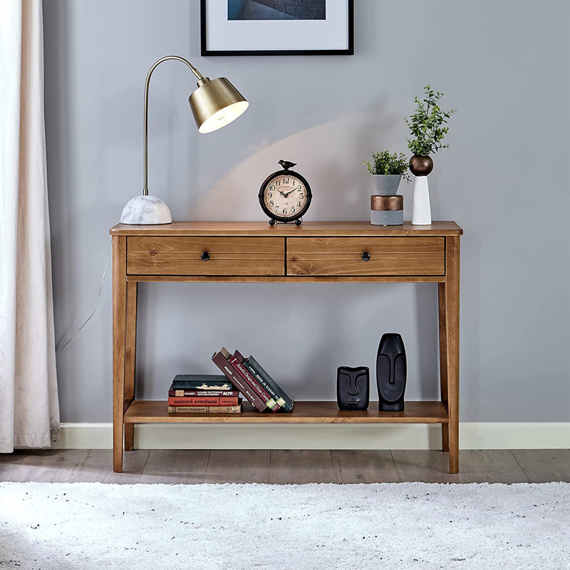 Honey Brown Mid Century Pine Wood Console Table with Storage
