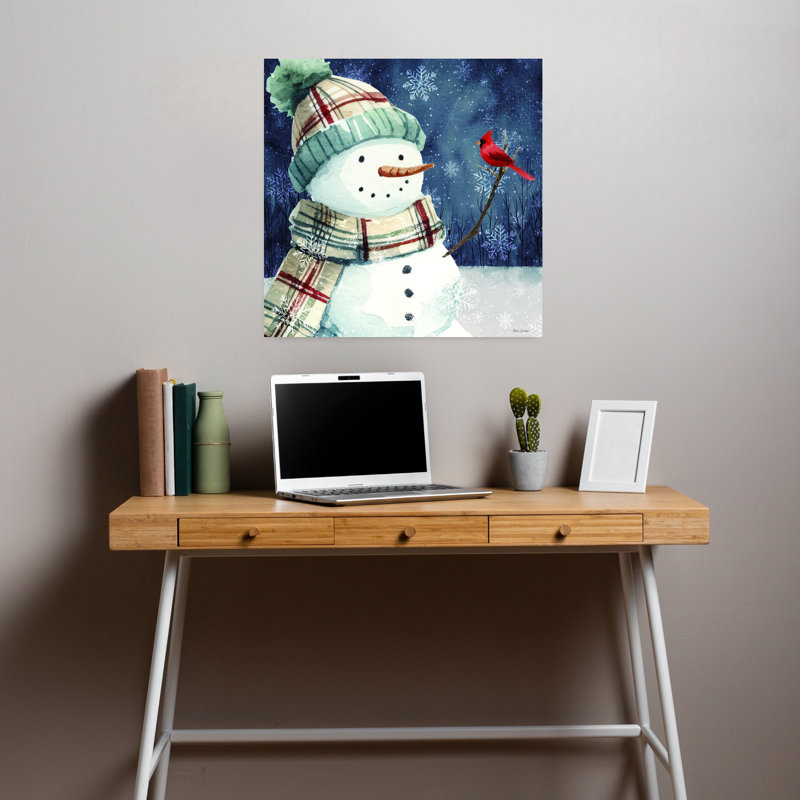«Snowman» de Noël avec cardinal II, art contemporain abstrait forêt d'hiver, H 18 po x l 18 po