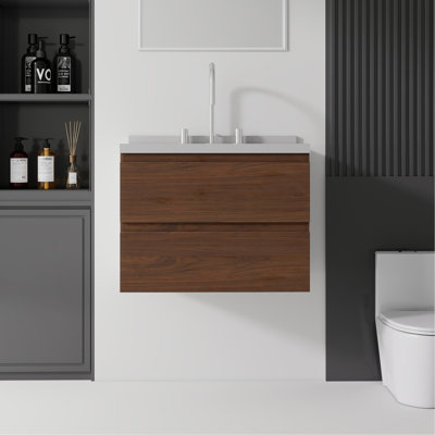 Meuble-lavabo flottant 24 po avec lavabo, tiroir à fermeture en douceur, comptoir en granite blanc de 2 po et dosseret, contreplaqué, brun