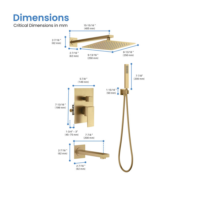 Cube Pressure Balanced 3-Function Shower System with Rough-In Valve, Brushed Brass