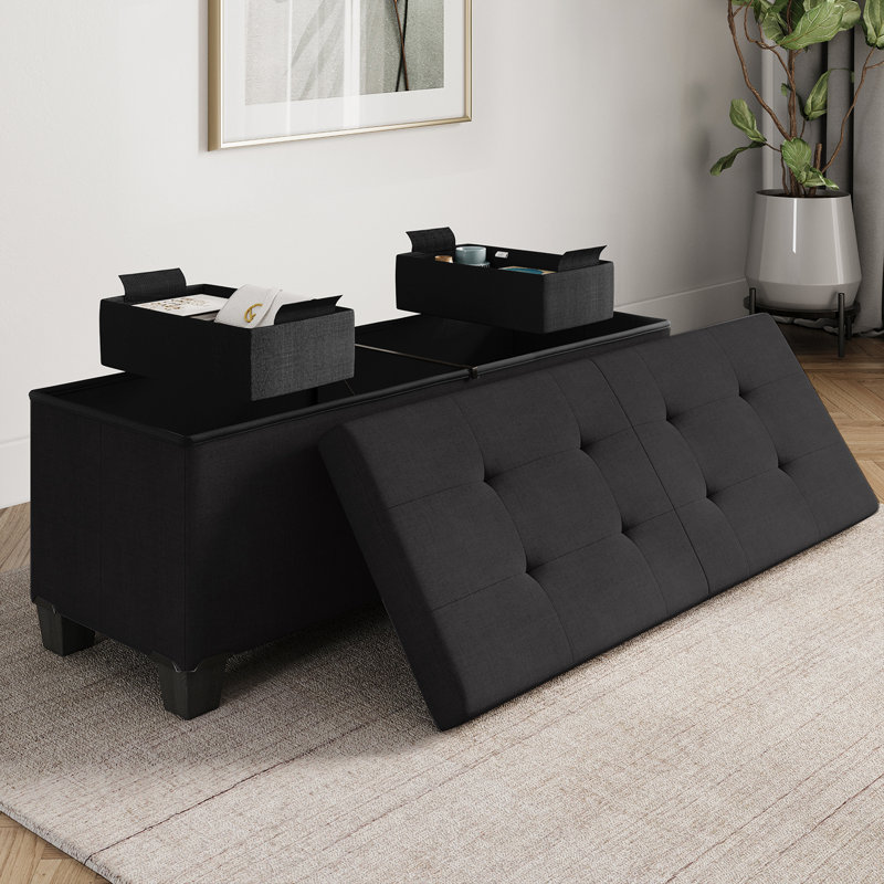 Banc avec rangement Macklen, Mélange de lin noir, H 15 po x l 43 po x P 15 po