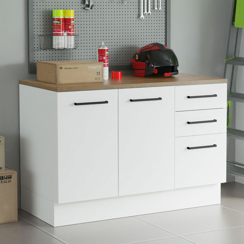 Armoire inférieure de garage robuste 47 po x 33 po Ebern Designs, 2 portes, 3 tiroirs - blanc