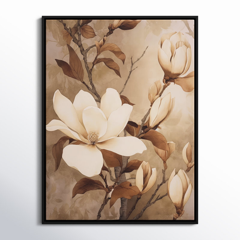 Blanc blanc brun Magnolias nature sérénité - art mural floral, H 32 po x l 24 po x P 1 po, Cadre flottant noir