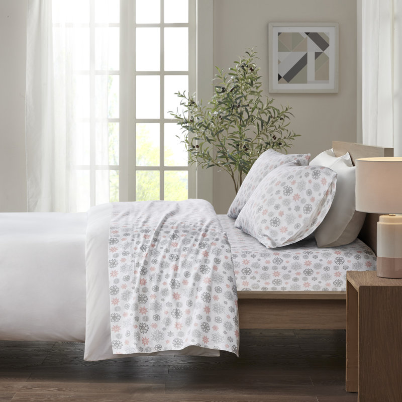 Ensemble de draps 100% coton Cozy, Ensemble de draps pour grand lit avec 2 taies d'or, Flocons roses / gris