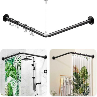 Tringle de rideau de douche en L en forme de L - Tringle de fixation murale et de plafond robuste en acier inoxydable noir mat