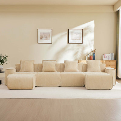 Canapé modulaire en forme de U à 4 places avec passepoil à bordure française, sans assemblage requis, tissu velours clair chameau
