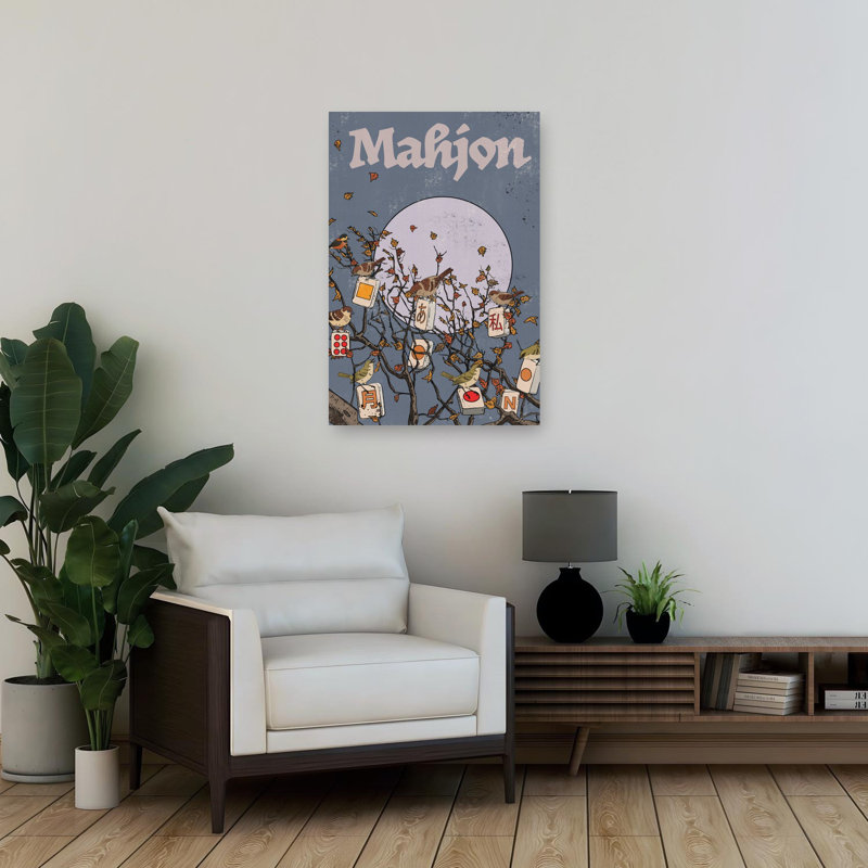 Mahjong Moon Birds Serene Tranquil Whimsical Bird Autumn Nature Wall Art Print, 91.44cm H x 60.96cm W