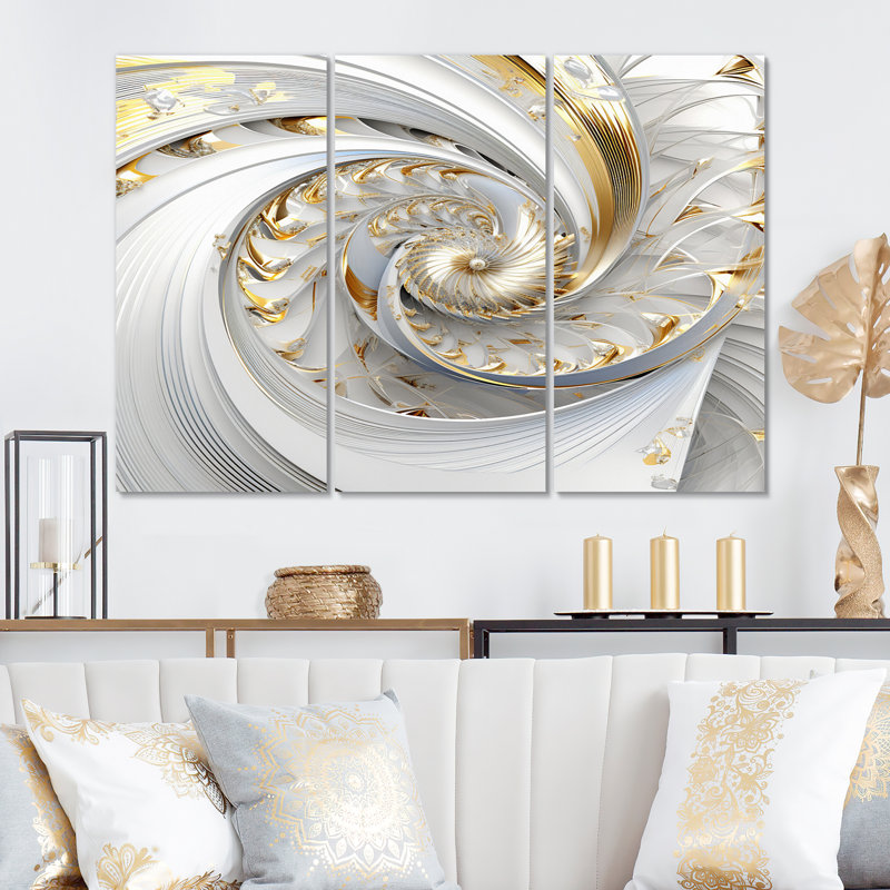«Whirling tandis que glam», fractales en or et blanc III sur toile, 3 pièces, H 28 po x l 36 po x P 1 po