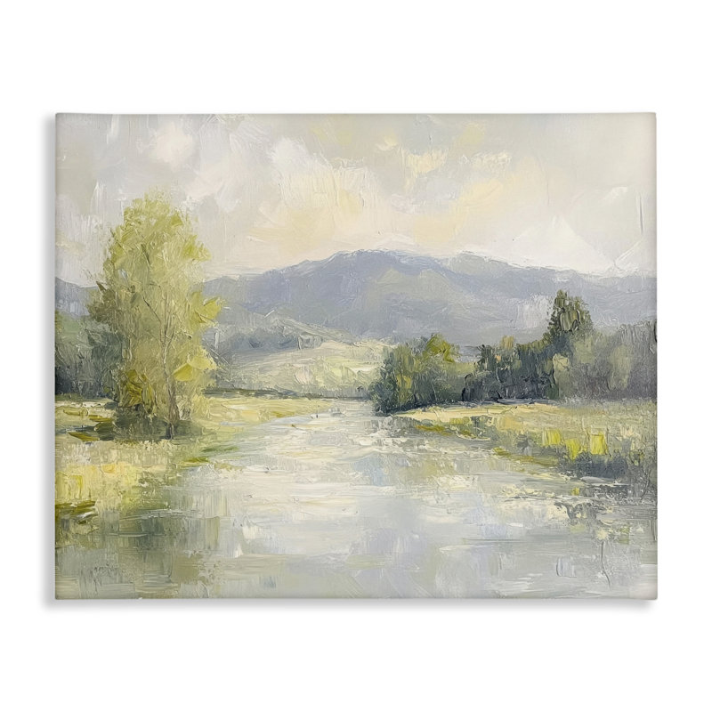 Toile abstraite de scène de rivière et de montagne, design par Petal Prints Design, H 24 po x l 30 po