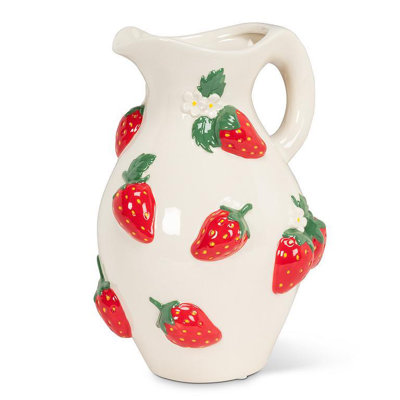  Grand pichet en céramique avec fraises, 76 oz (10 po) - Intérieur glacé sécuritaire pour les aliments, poignée facile à saisir et bec résistant aux gouttes - Décoration de cuisine et de table de style campagnard