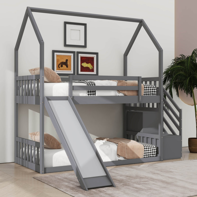 Lit superposé simple au dessus d'un lit simple avec glissière convertible, cadre de lit superposé bas en bois avec garde-corps