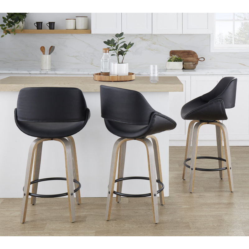 Najrin Faux Leather Upholstered Bar & Counter Stool with Round Footrest, Black, Light Gray/Black