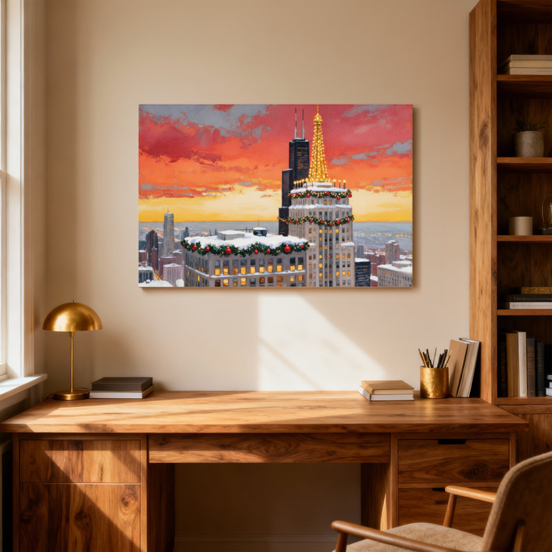 Décorations de Noël gratte-ciel coucher de soleil, H 24 po x l 36 po