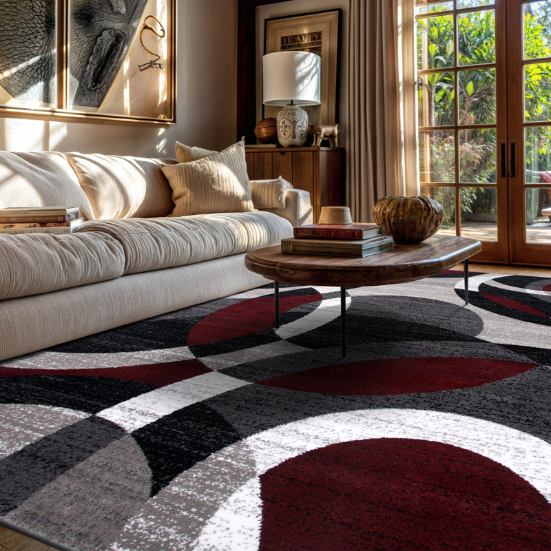 Tapis bourgogne / blanc / noir à motif abstrait tissé Archeveque - Tapis en polypropylène géométrique moderne pour le salon, la chambre à coucher ou le couloir