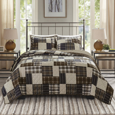 3 pièces de courtepointe très grand / très grand en noir / brun, réversible avec tissu écossais et coton, motif à bordure
