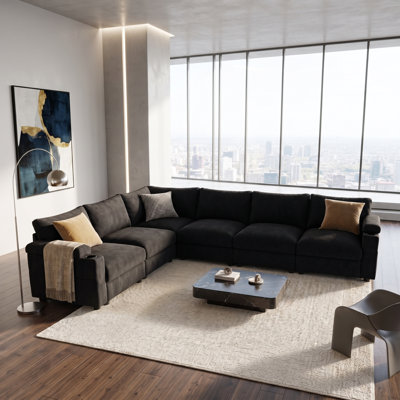 115'' L Shaped Modular Sectional Sofa, 6 Pieces Oversized Deep Seat Couches w/Cup Holder