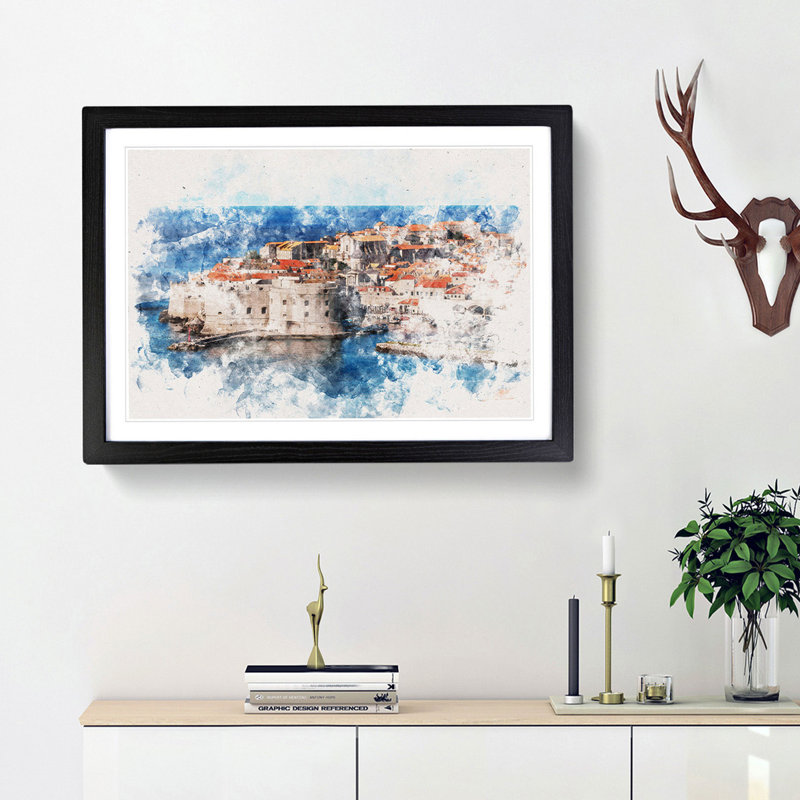 Ancient City Walls of Dubrovnik in Croatia Watercolour - Picture Frame Graphic Art Print, Black Framed