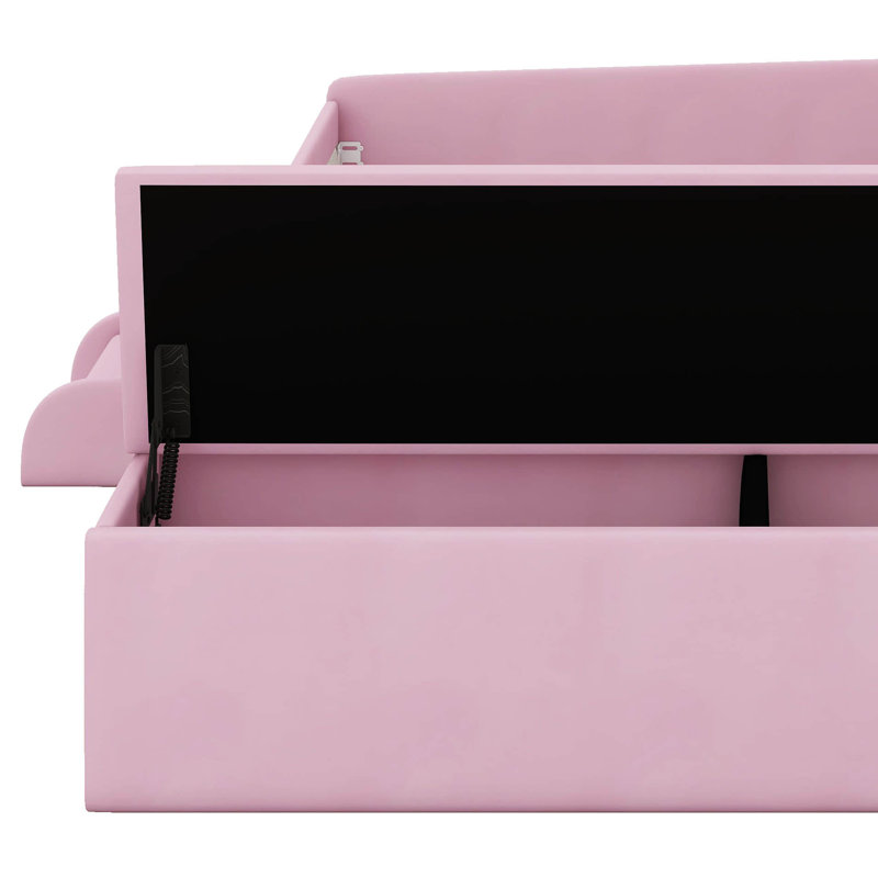 Daybed Upholstered In Velvet, Featuring Stairs & Gas Lift Ottoman For Storage, With Cushioned Guardrails, Full, Pink