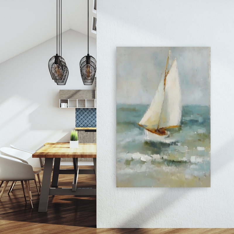 Voilier contemporain, paysage côtier paisible, 60" H x 40" W