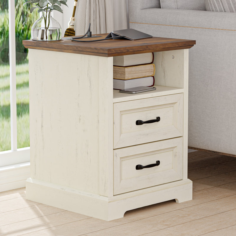 17.7'' W Farmhouse Nightstand With Built-in Outlets, 2 Drawers and Open Shelf, White/Brown