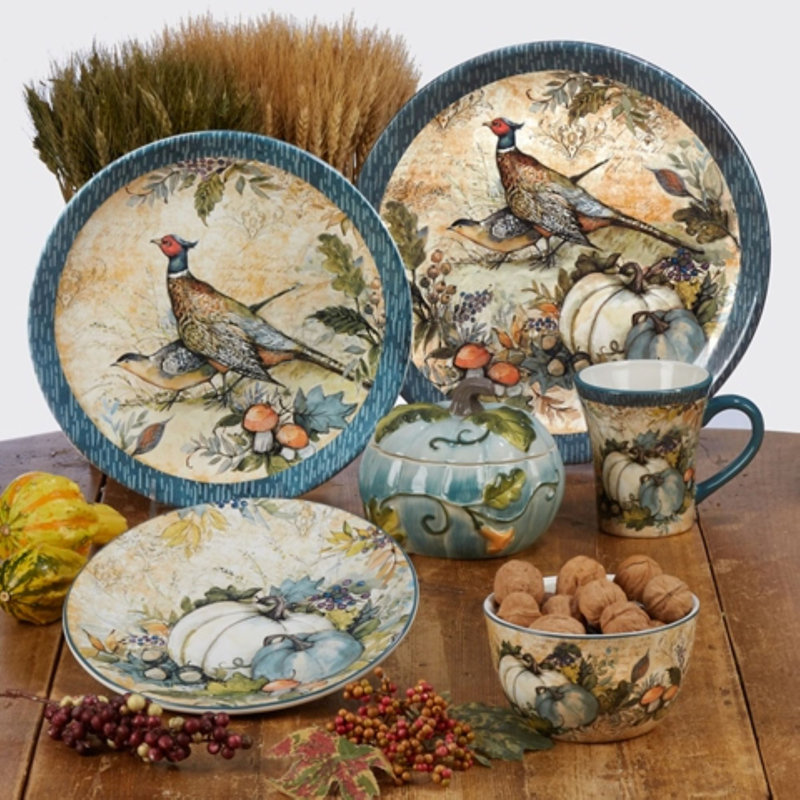 Harvest Gatherings Rectangular Ceramic Platter with Teal and White Pumpkins