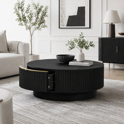 Table basse ronde avec tiroir de rangement et détail cannelé, design moderne