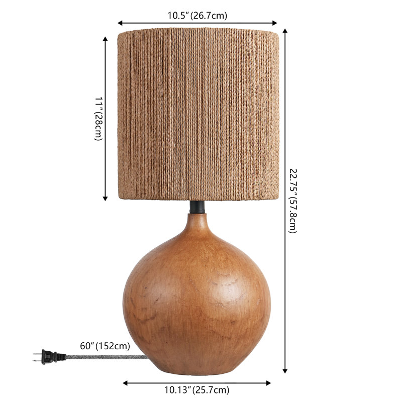 Abram 22.75" Rustic Bohemian Resin/Metal Round Table Lamp with Paper Rope Shade, Brown