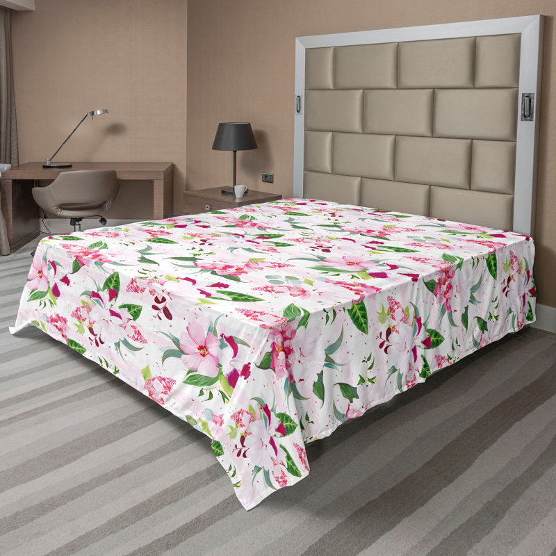 Ambesonne Flowers Flat Sheet Nostalgia Farmhouse, Pink Green Magenta