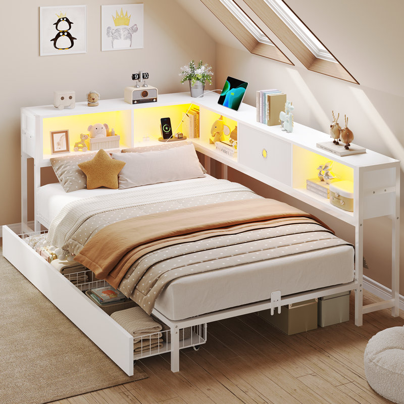 Cadre de lit d'angle avec rangement pour bibliothèque et lumières à DEL, tiroirs et station de charge, canapé-lit double avec rangement pour salon, chambre à coucher, chambre d'amis, blanc