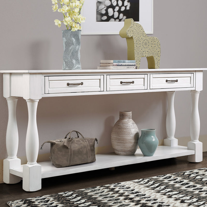Console 63 po, structure en bois massif, 3 tiroirs et tablette, blanc antique, construction, style Mid-Century 63 po avec espace supplémentaire fonctionnel