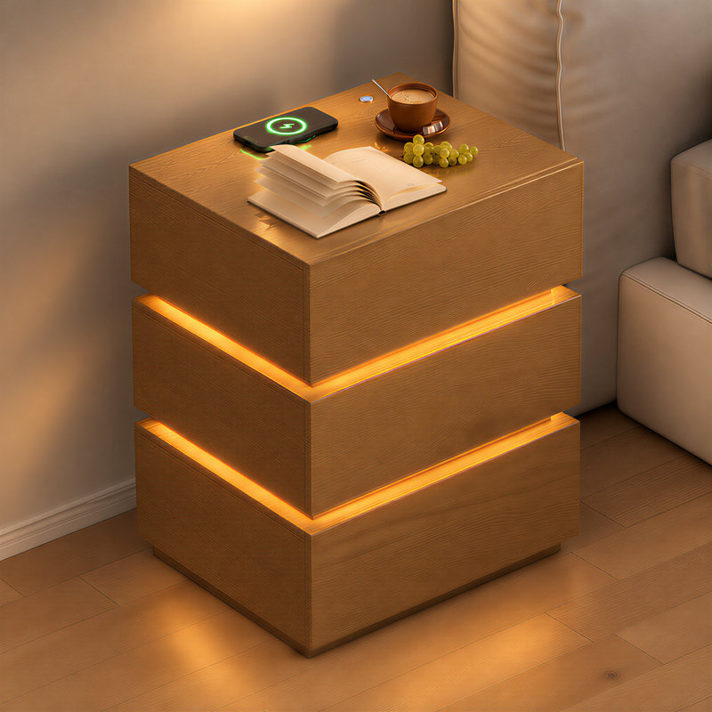 Natural 3-Drawer Bedside Table, Dimmable LED Light with Built-in Wireless Charging & USB-C Port, Bedroom Storage Nightstand
