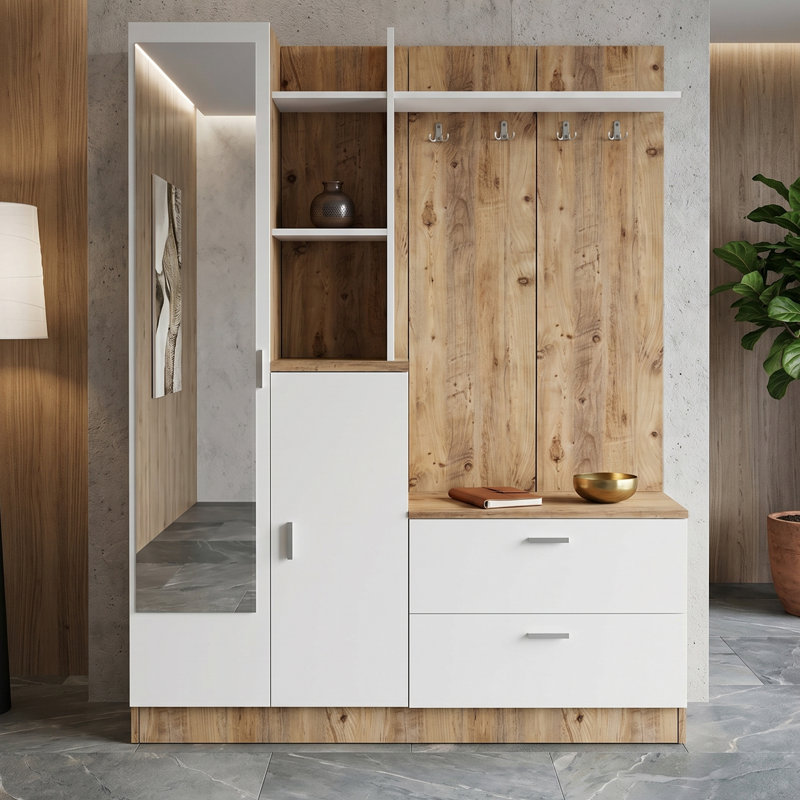 Wendal Hall Tree 55'' Wide With Shoe Storage, Atlantic Pine White