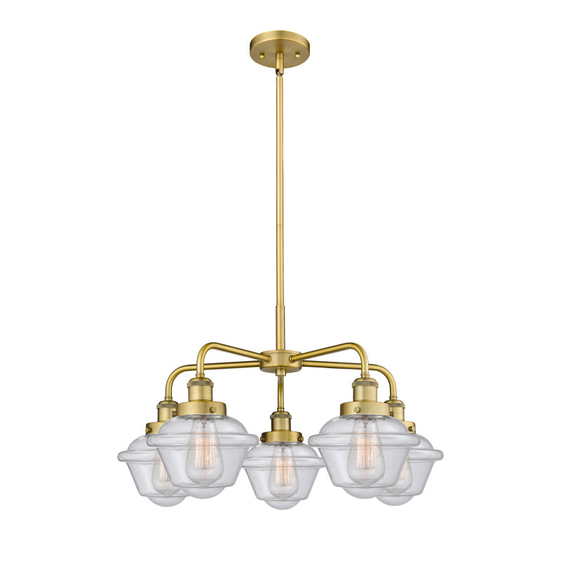 Lustre bol à 5 lumières en verre à intensité variable Grourke, Bullé, Laiton brossé