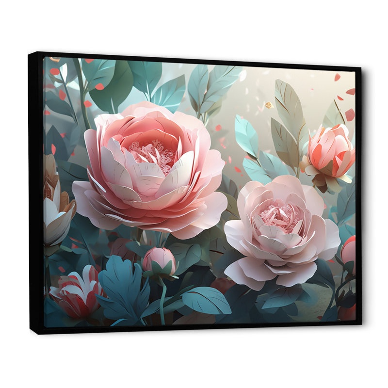 «Pink Green Peony In Motion II», reproduction d'art sur toile, H 12 po x l 20 po x P 1 po, Cadre flottant noir