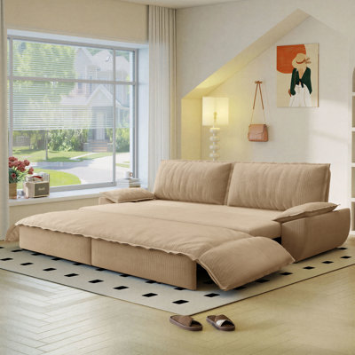 73.5" Convertible Sleeper Sofa Loveseat Chaise 3 In 1 Corduroy Pull Out Couch Bed With Pillows