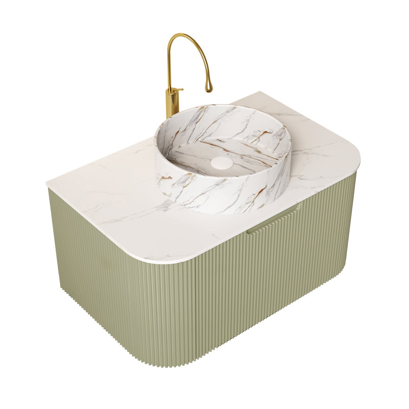 Meuble-lavabo de 30 po avec lavabo rond en céramique blanc et motif de pierres, armoire rayée 3D, pré-assemblé, rangement spacieux, système de fermeture en douceur