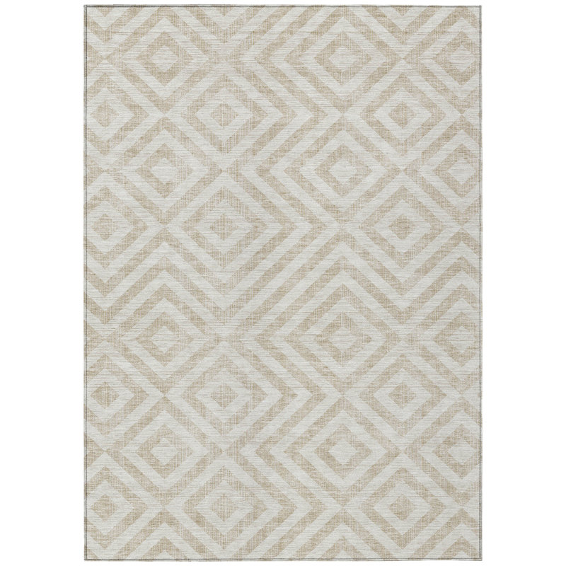 3' X 5' Ivory And Beige Geometric Washable Indoor Outdoor Area Rug